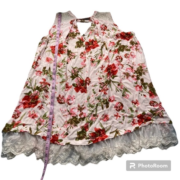 Umgee Floral Mini Dress Sleeveless with Crochet Cut Out V-neck Size Medium Tunic - Picture 7 of 10